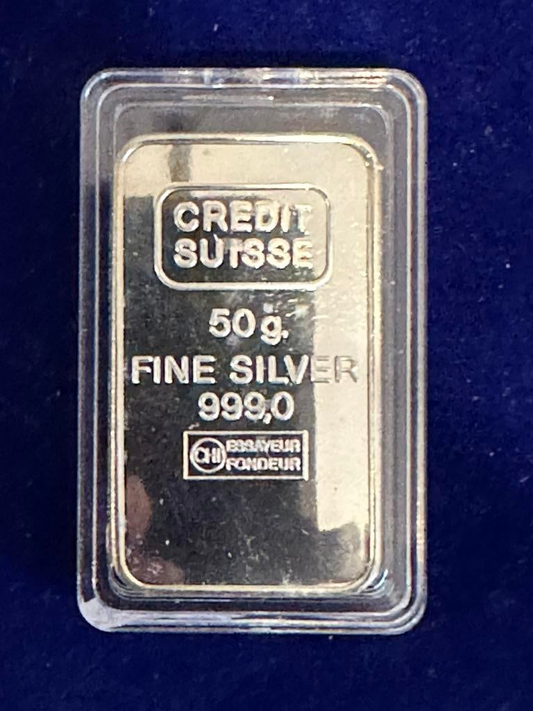 Credit suisse baartje 50 gram, Postzegels en Munten, Edelmetalen en Baren, Ophalen of Verzenden, Zilver