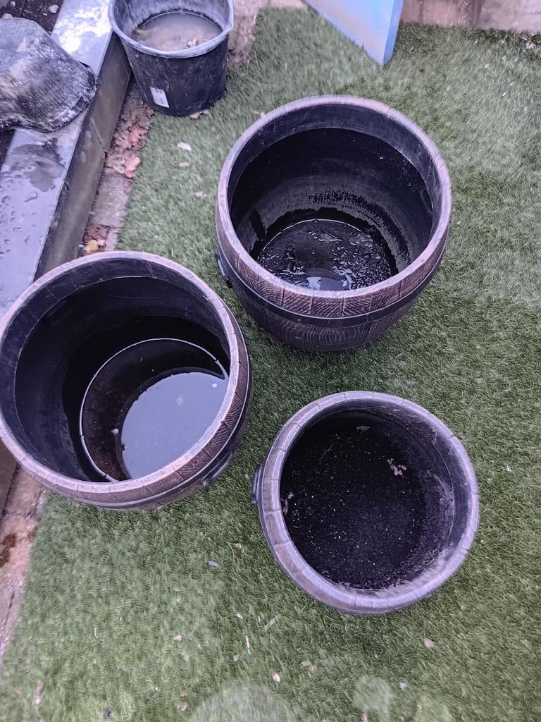 Set van 3 bloembakken in ton-stijl, Ophalen, Rond, Kunststof