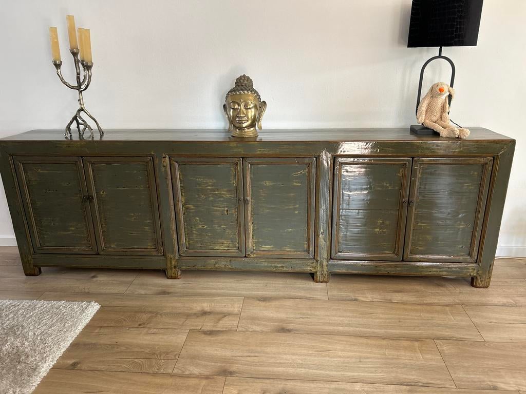 Unieke Chinese kast - Groene lak - 307x95x45 cm, Ophalen, Gebruikt, 200 cm of meer, 25 tot 50 cm