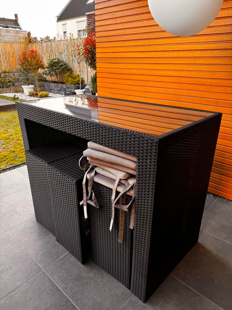 Outdoor rattan bar table set with 6 stools, Ophalen, Gebruikt, Rechthoekig, Wicker