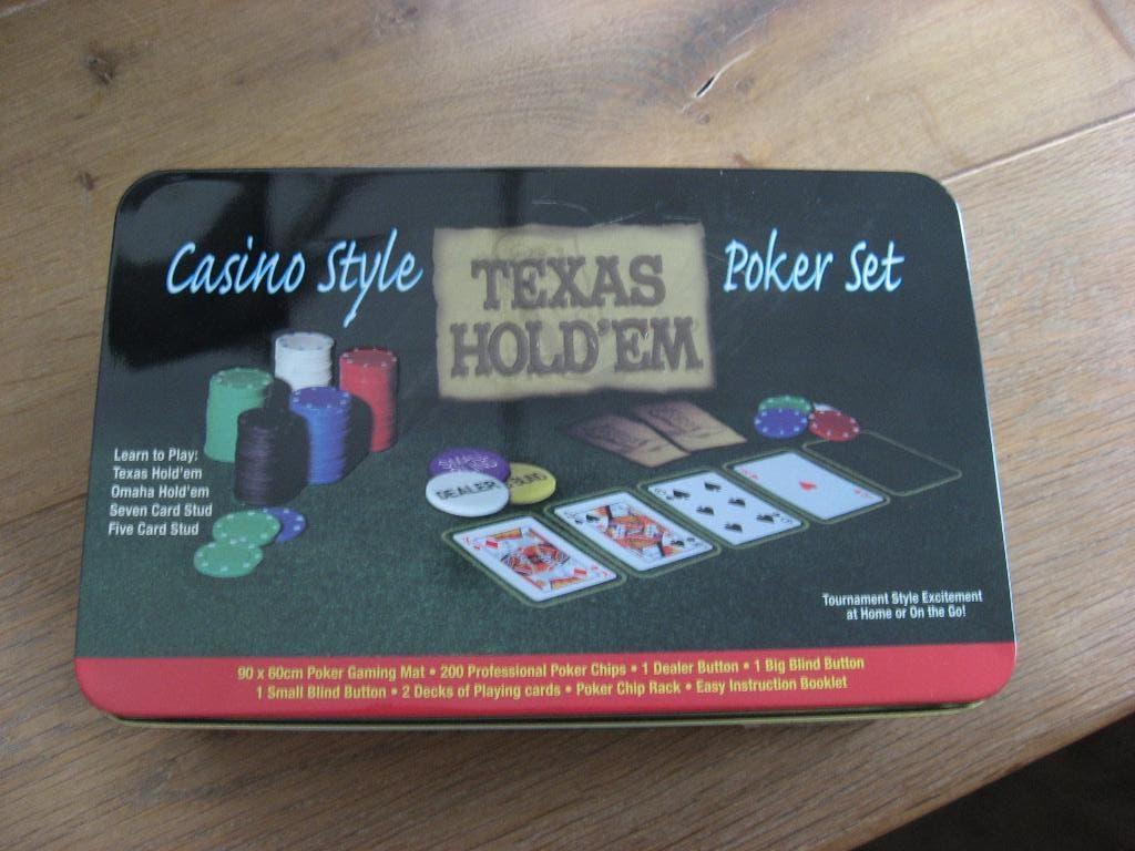 Casino style poker set Texas hold'em in blikken trommel, Hobby en Vrije tijd, Gezelschapsspellen | Kaartspellen, Verzenden, Nieuw