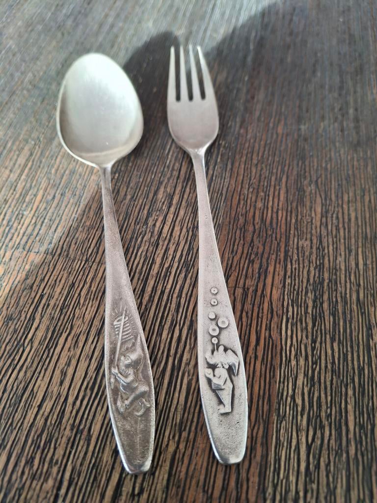 Vintage Wilkens verzilverd kinderbestekje met kaboutertjes, Antiek en Kunst, Ophalen of Verzenden, Zilver