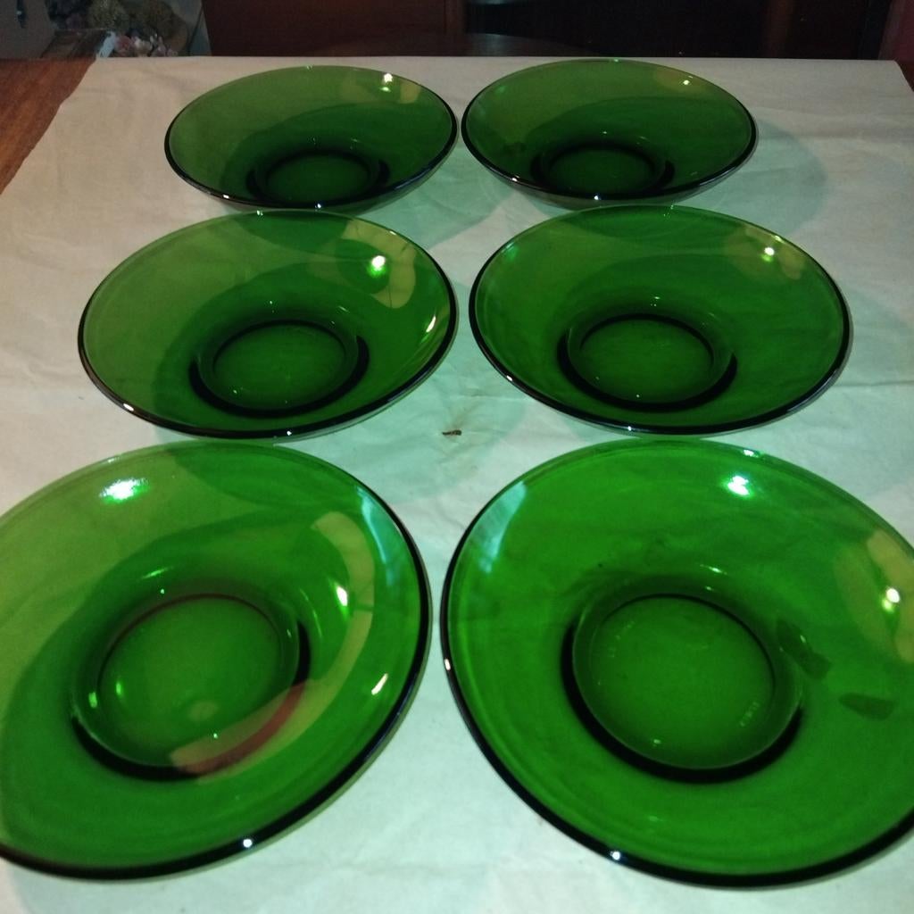 6 Vintage Smaragd Groene Vereco Gebaksschaaltjes, Overige materialen, Gebruikt, Onbekend, Ophalen of Verzenden