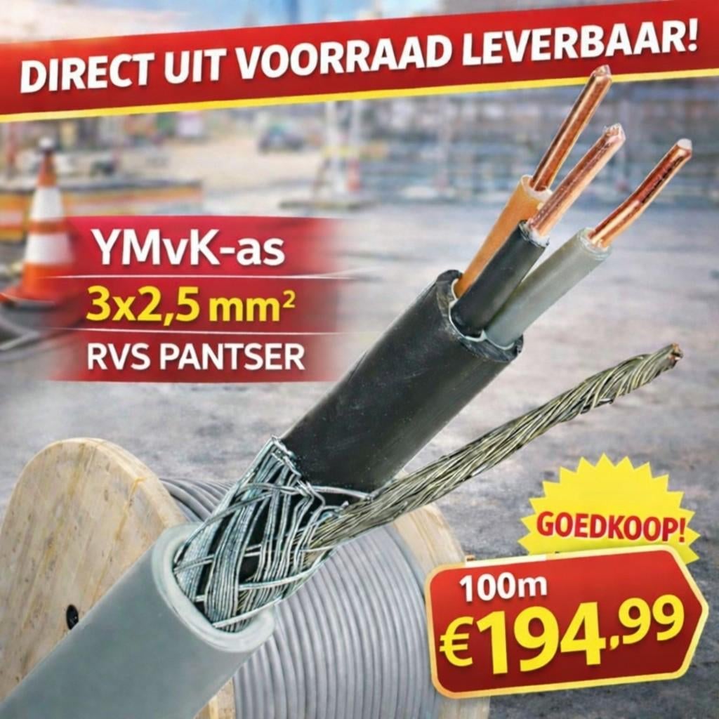 YMvK-as grondkabel 3X2.5mm² +as 100 meter, Ophalen of Verzenden, Nieuw, Kabel of Snoer
