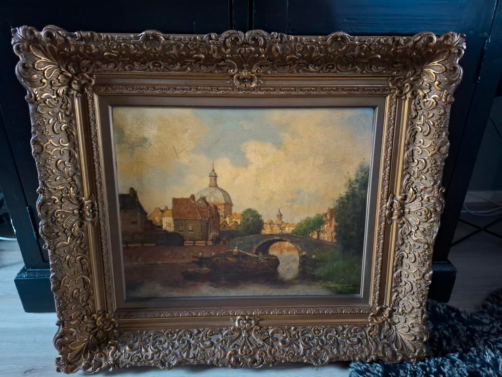 Oude schilderijlijst met stadsgezicht, Antiek en Kunst, Ophalen of Verzenden