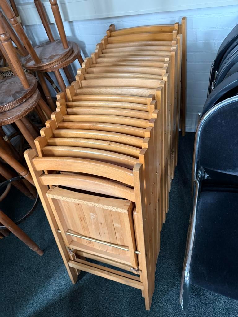 Partij van 21x hardhouten klapstoel ‘80, Bruin, Vintge retro buisframe design rotan webbing papercord deens, Ophalen of Verzenden