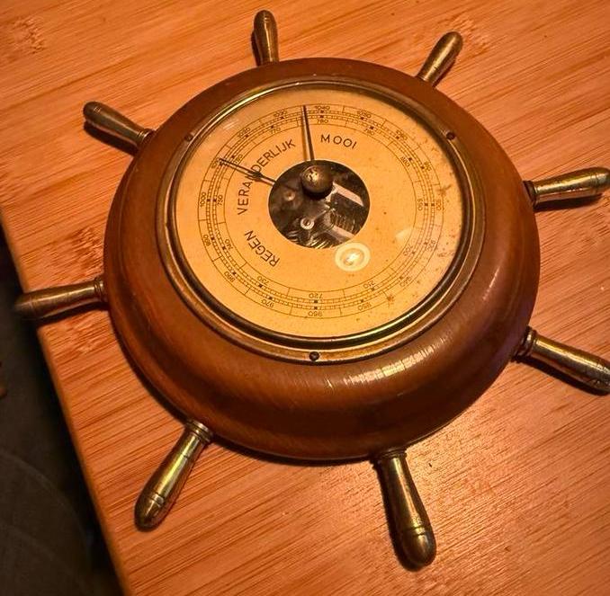 Antieke scheepsbarometer in stuurwiel – Polderman Amsterdam, Ophalen of Verzenden, Gebruikt, Barometer