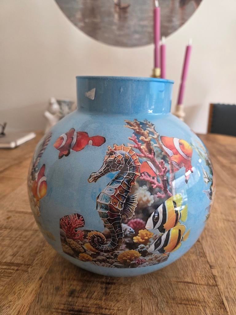 Vaas glas met vissen, Overige kleuren, Ophalen of Verzenden, Minder dan 50 cm, Glas