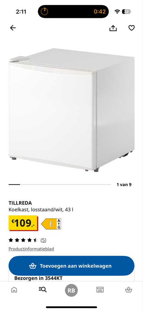 TILLREDA Koelkast, kort gebruikt, minimale schade, Witgoed en Apparatuur, Koelkasten en IJskasten, Ophalen, Minder dan 85 cm, 45 tot 60 cm