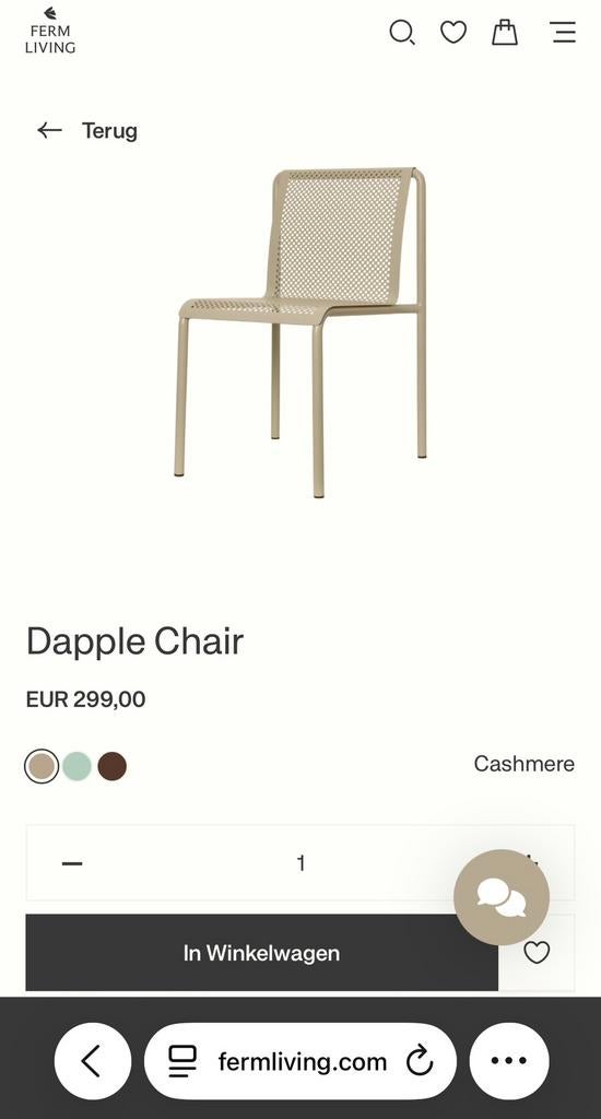 Ferm living tuinstoelen (dapple chair) 2x NIEUW €200 p stuk, Ophalen, Nieuw, Metaal, Stapelbaar