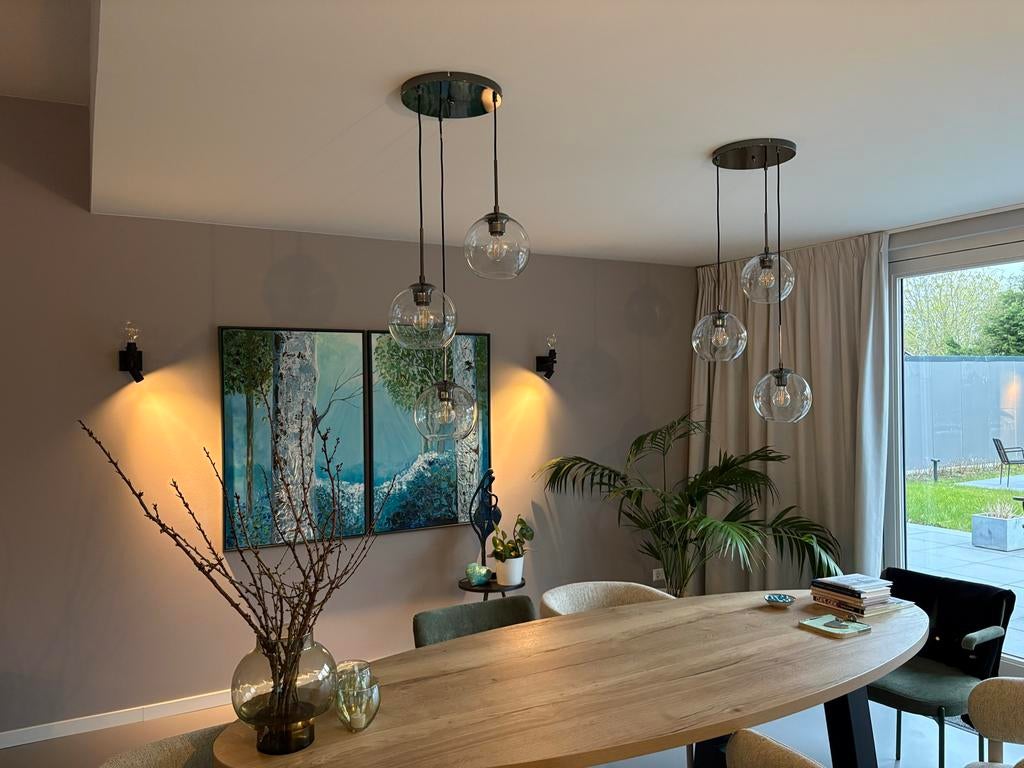 Set mooie Hanglampen met glazen bollen, Ophalen of Verzenden, Gebruikt, Glas, 75 cm of meer