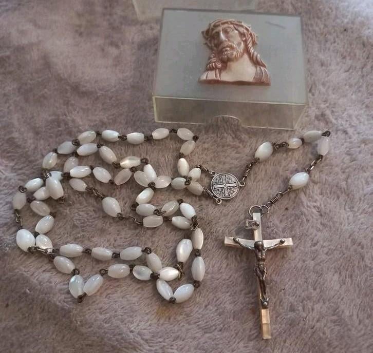 Antieke rozenkrans Jeruzalem parelmoer zilver extra lang, Antiek en Kunst, Antiek | Religie, Ophalen of Verzenden