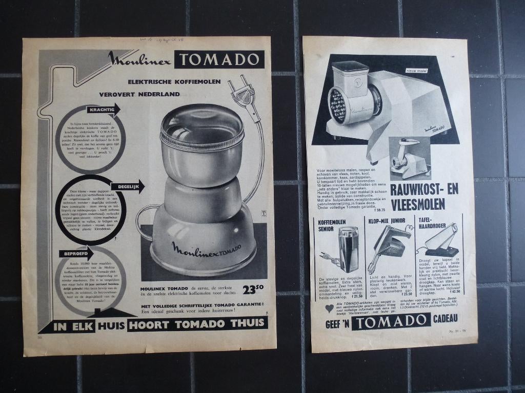 Tomado, 2 oude advertenties, Ophalen of Verzenden, Zo goed als nieuw, Overige typen