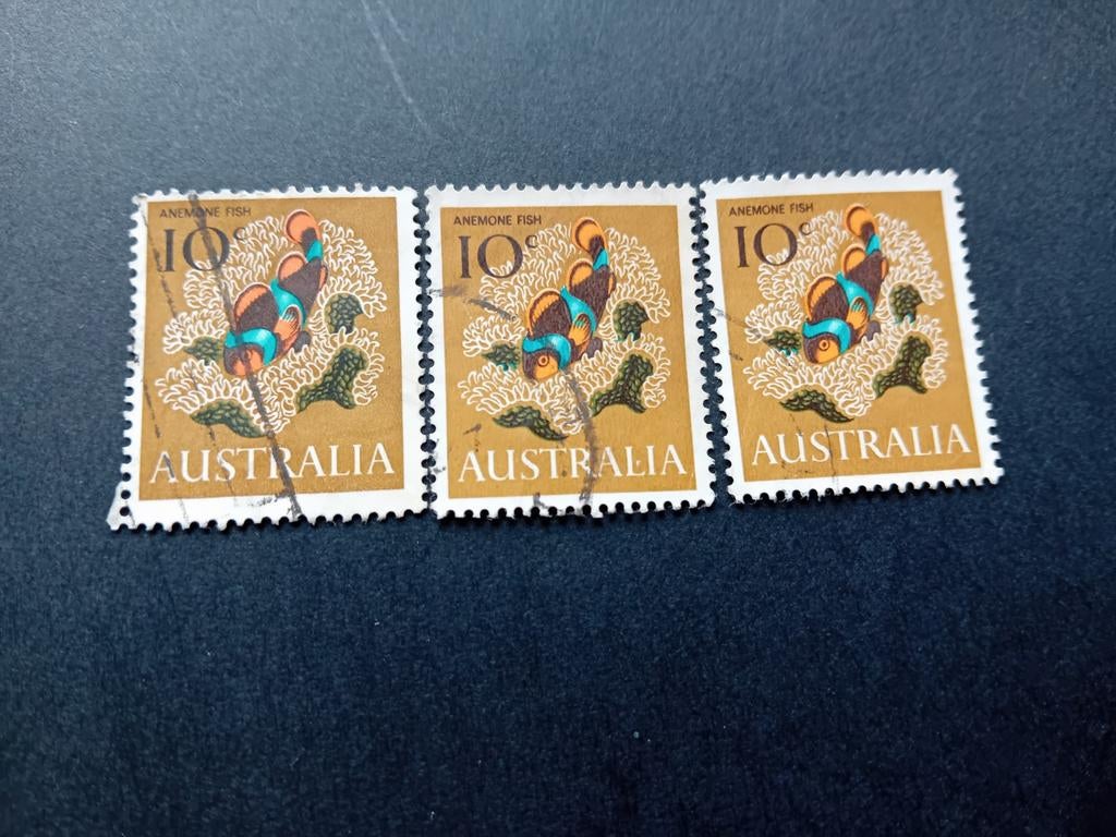 3x Australische postzegels Anemoonvis 10c, Ophalen of Verzenden, Gestempeld, Dier of Natuur