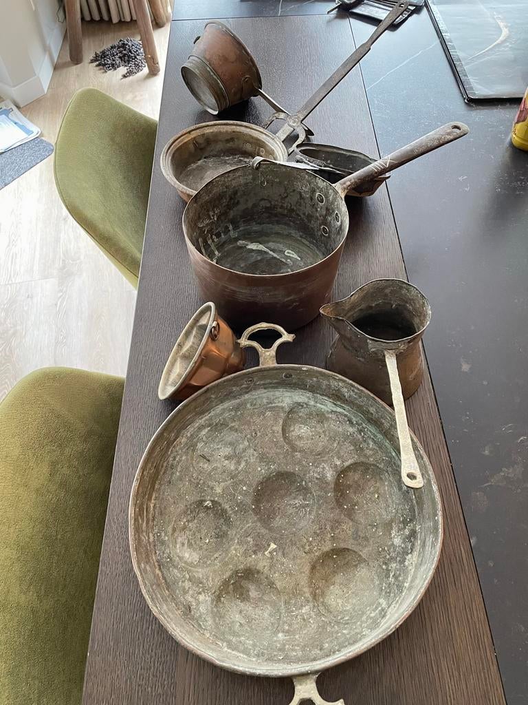Oude koperen pannetjes, voor een mooie decoratie, Ophalen of Verzenden, Koper