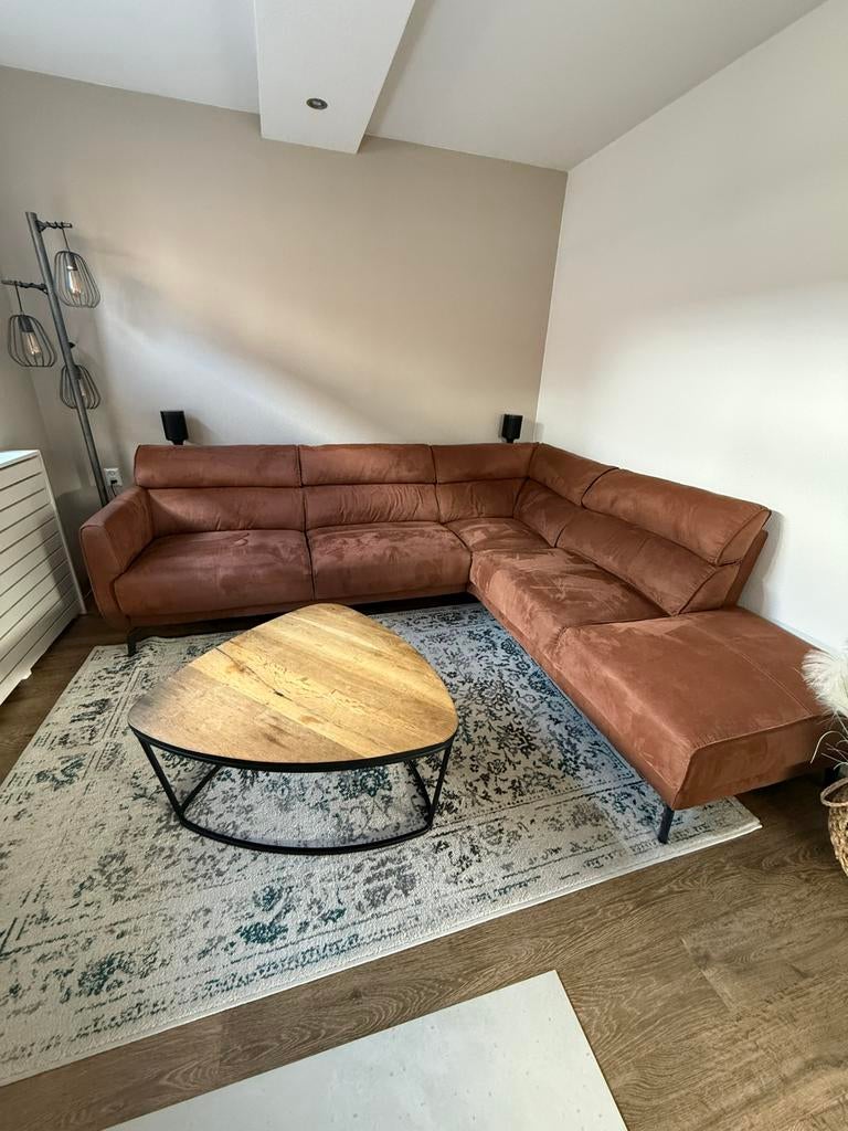 Ruime hoekbank / loungebank in cognackleur met chaise longue, Ophalen, Gebruikt, Leer, Modern