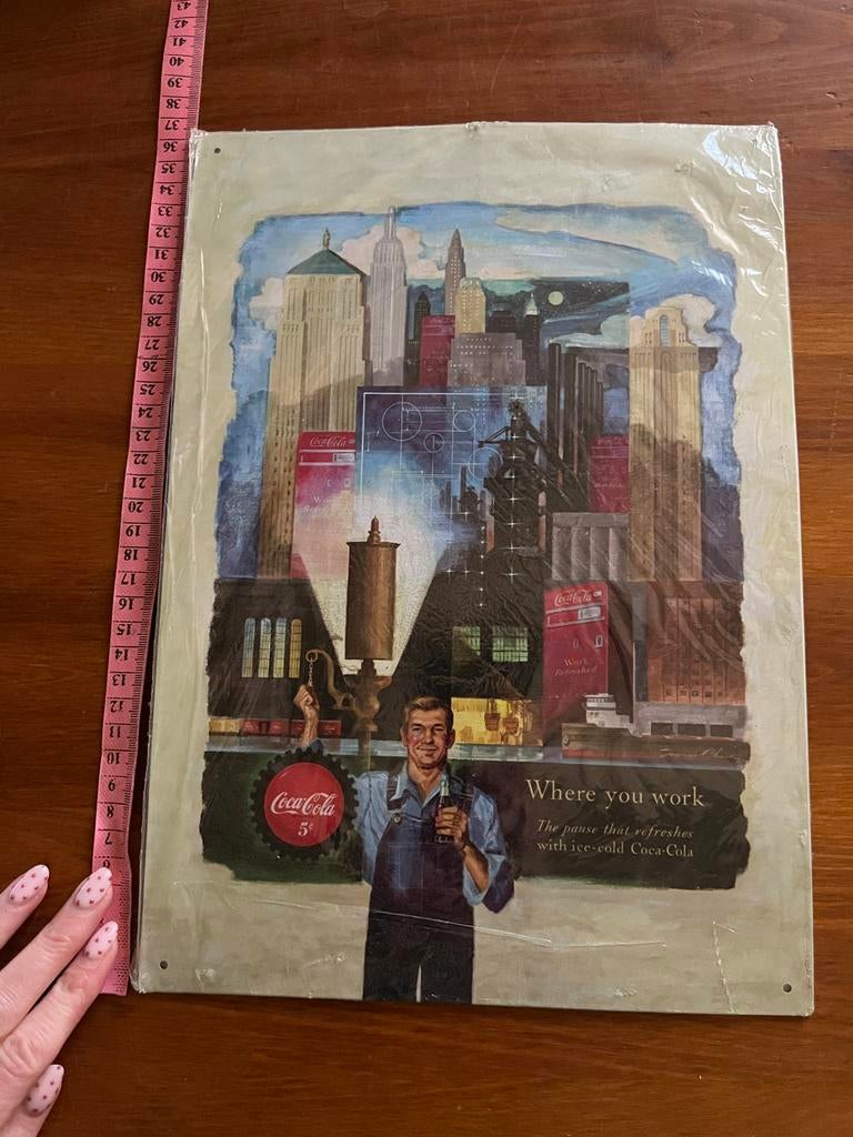 Coca-Cola metalen reclamebord "Where you work", Ophalen of Verzenden, Gebruikt, Reclamebord