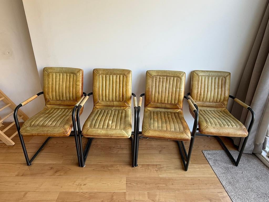 Set van 6 Industriële Eetkamerstoelen "Mika" – Cognac Leder, Ophalen, Gebruikt, Bruin, Vintage