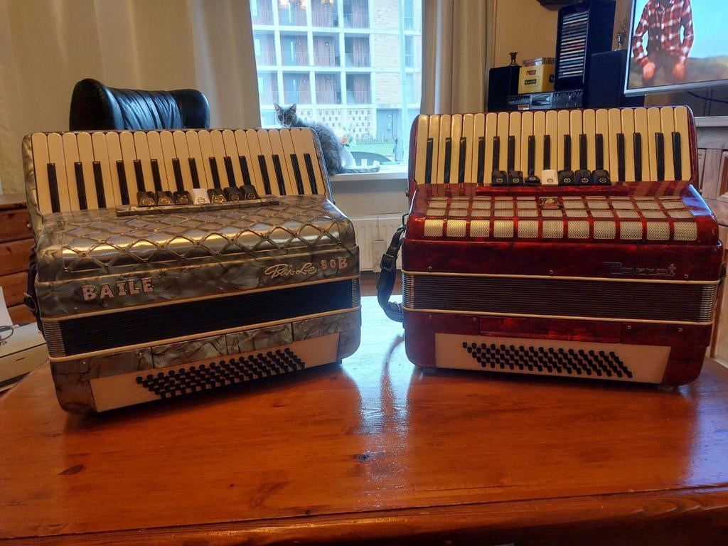 Twee accordeons te koop: Baile en Parrot (incl. koffers), Gebruikt, Met riemen, 80-bas, Ophalen