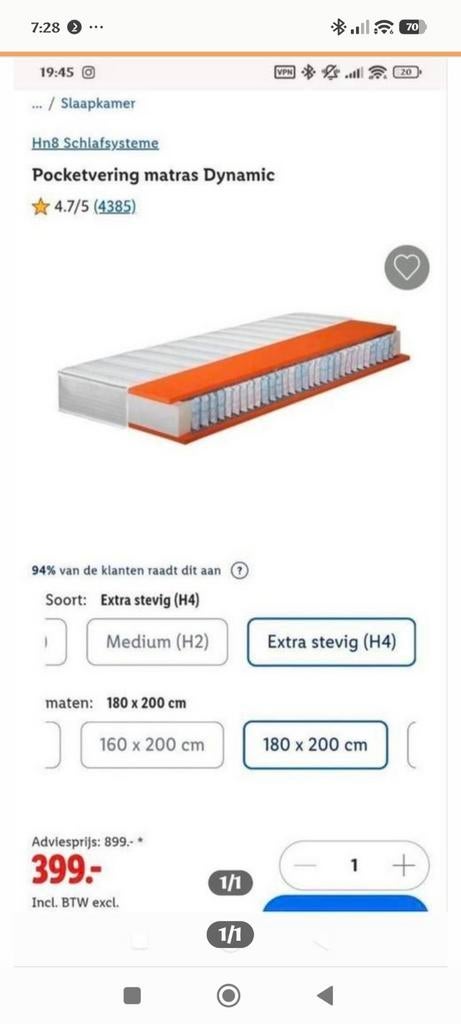 Zo goed als nieuwe pocketvering matras 180x200 - Stevig H4, Ophalen, Tweepersoons, Zo goed als nieuw, Matras