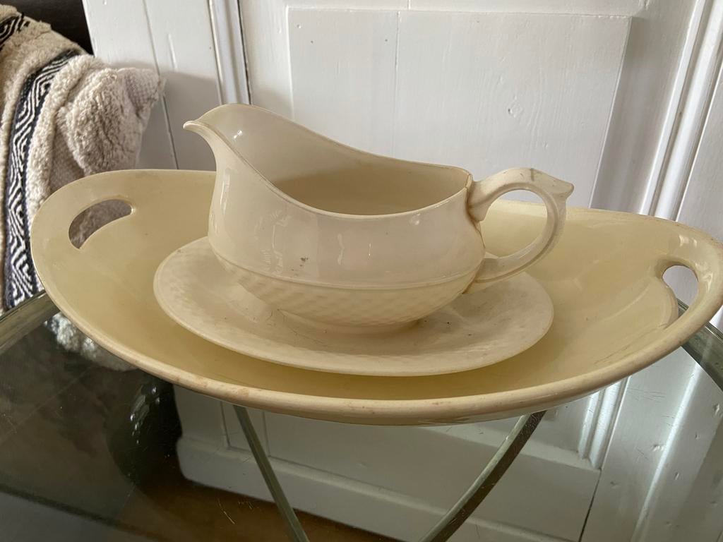 Retro Aardewerk Sauskom en Schaal - Crèmekleurig, Antiek en Kunst, Antiek | Keramiek en Aardewerk, Ophalen