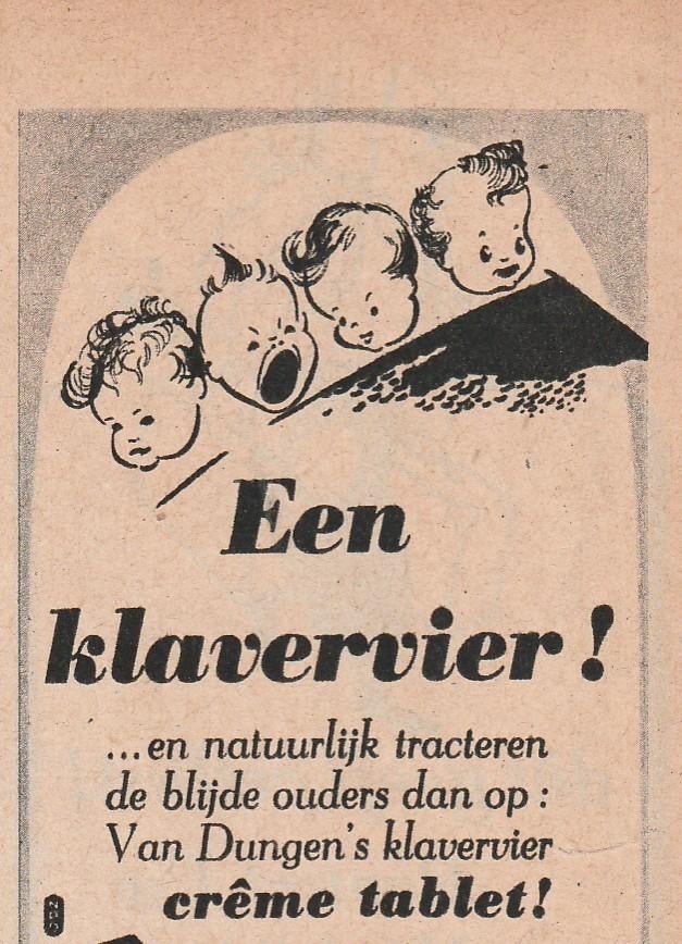 Retro reclame 1947 Van Dungen chocola vierling geboren, Verzenden, Overige typen