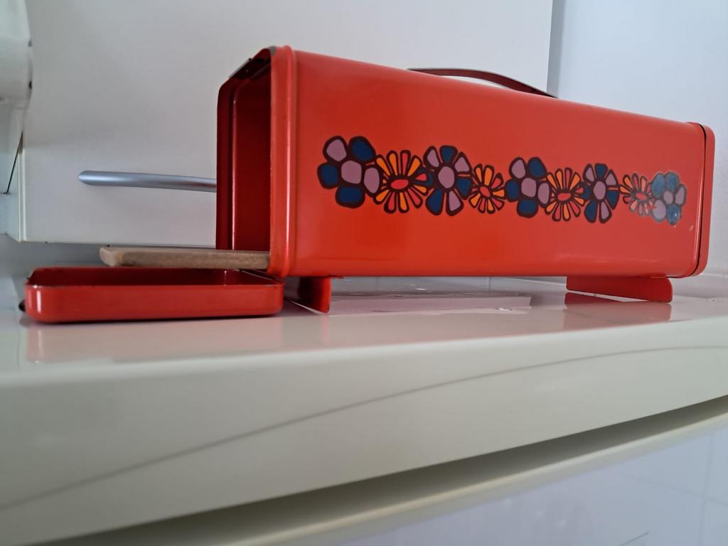 Vintage Brabantia ontbijtkoektrommel jaren '70 oranje bloeme, Ophalen