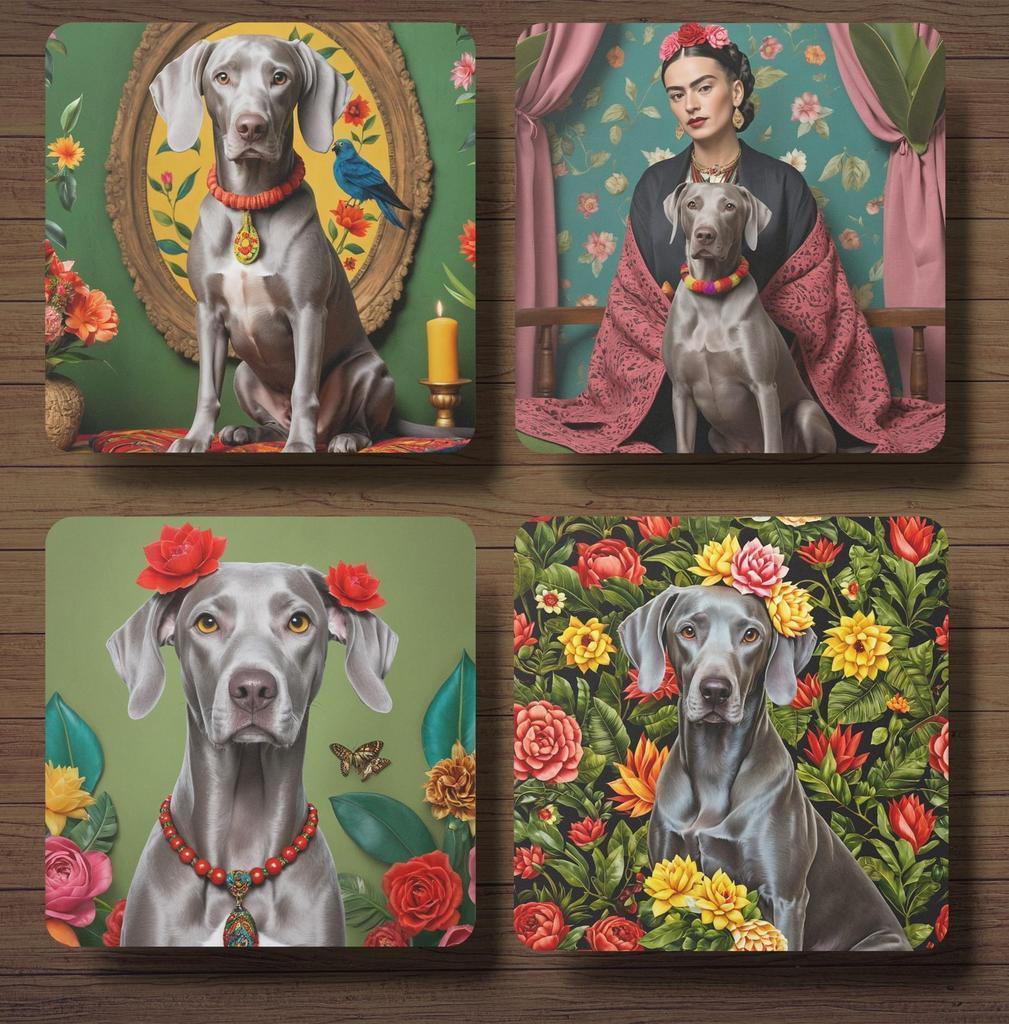 Weimaraner Frida Kahlo onderzetters met houder, Huis en Inrichting, Ophalen of Verzenden, Nieuw, Glas of Kopje