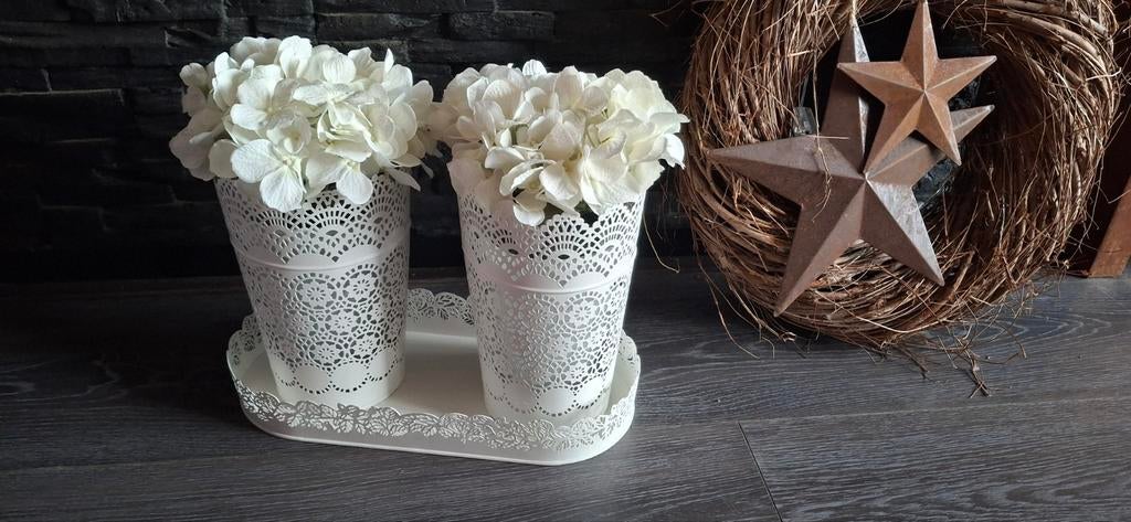 Witte metalen decoratieset met kunst hortensia's, Ophalen of Verzenden, Zo goed als nieuw