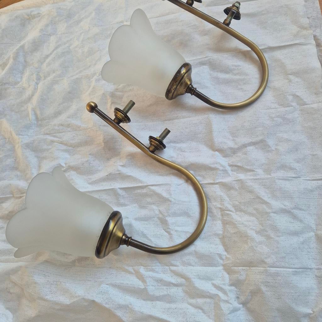 2x klassieke wandlamp messing met mat glas – set – vintage s, Huis en Inrichting, Lampen | Wandlampen, Ophalen of Verzenden, Glas