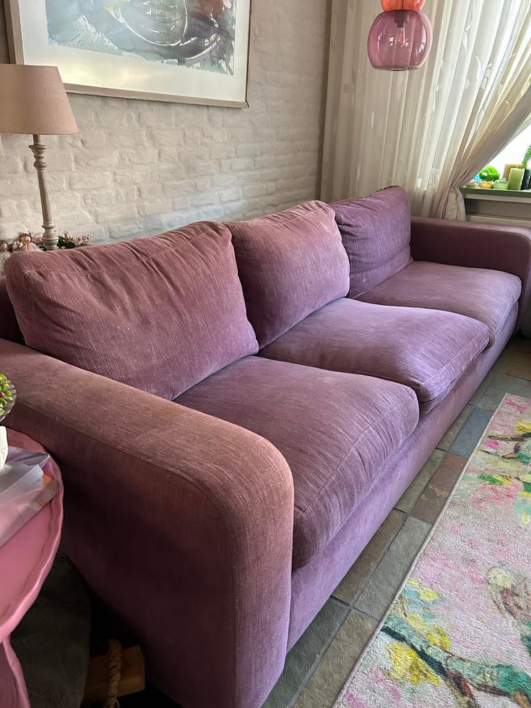 Roze stoffen driezits bank, Ophalen, 250 tot 300 cm, Gebruikt, Romantisch