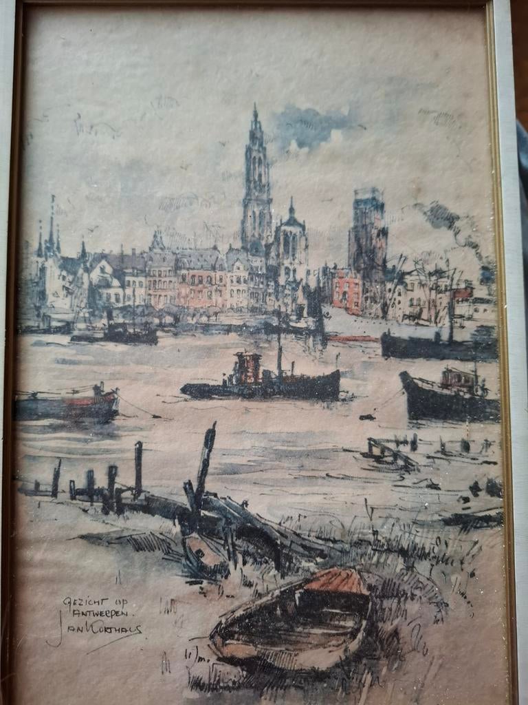 Aquarel Jan Korthals - Gezicht op Antwerpen, Ophalen of Verzenden