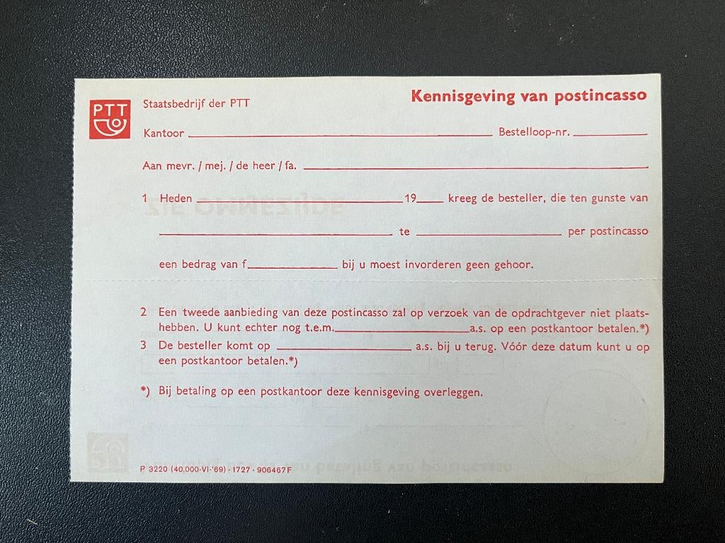 Postaal document kennisgeving incasso PTT, Verzenden, Na 1940, Postfris