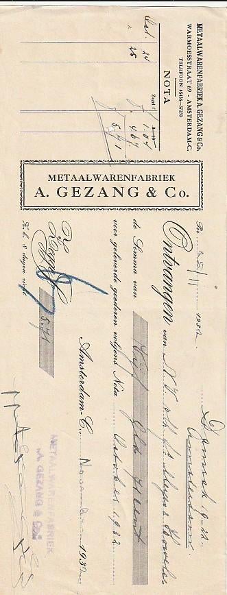 Metaalwarenfabriek Gezang Amsterdam wissel 1932, Verzamelen, Ophalen of Verzenden, Zo goed als nieuw, Overige typen