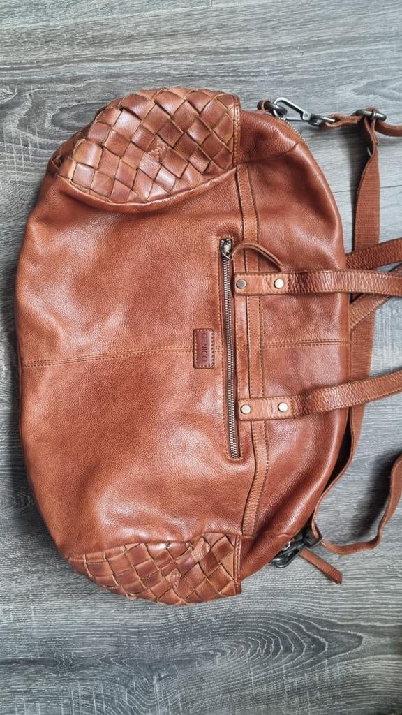 Genicci leren tas met gevlochten elementen, Ophalen of Verzenden, Zo goed als nieuw, Bruin, Handtas