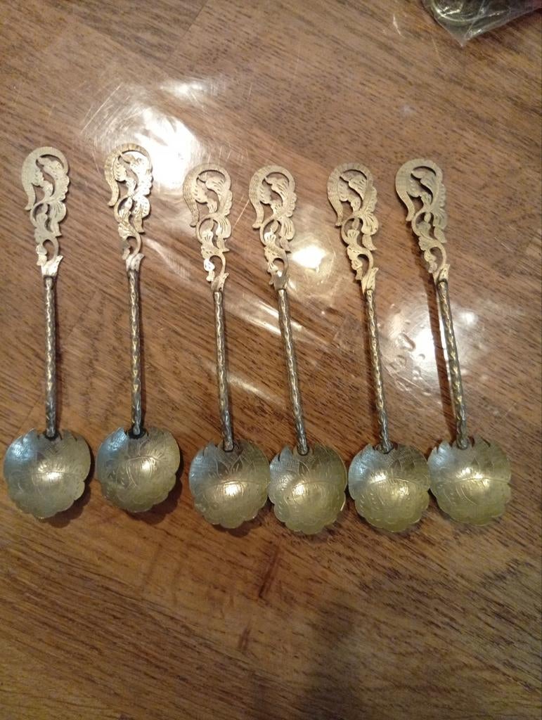 Zes vintage  lepeltjes uit Indonesië met decoratief handvat, Ophalen of Verzenden