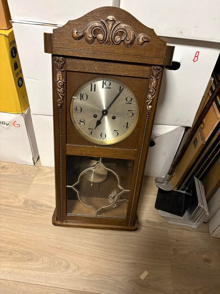 Vintage Duitse wandklok met slinger – bim-bam slagwerk –, Ophalen of Verzenden