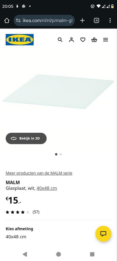 2x Ikea Malm glasplaat 40x48cm Nieuw in de verpakking., Ophalen, Minder dan 50 cm, Nieuw, Glas