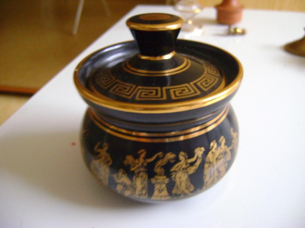 grieks potje met deksel en afbeeldingen 9hx8br goud randje, Ophalen of Verzenden