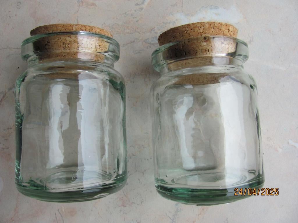 VINTAGE 2 x glas VOORRAADPOT kurk deksel POTJE rond 200 ml, Ophalen of Verzenden, Zo goed als nieuw, Glas, Pot, Bus of Blik