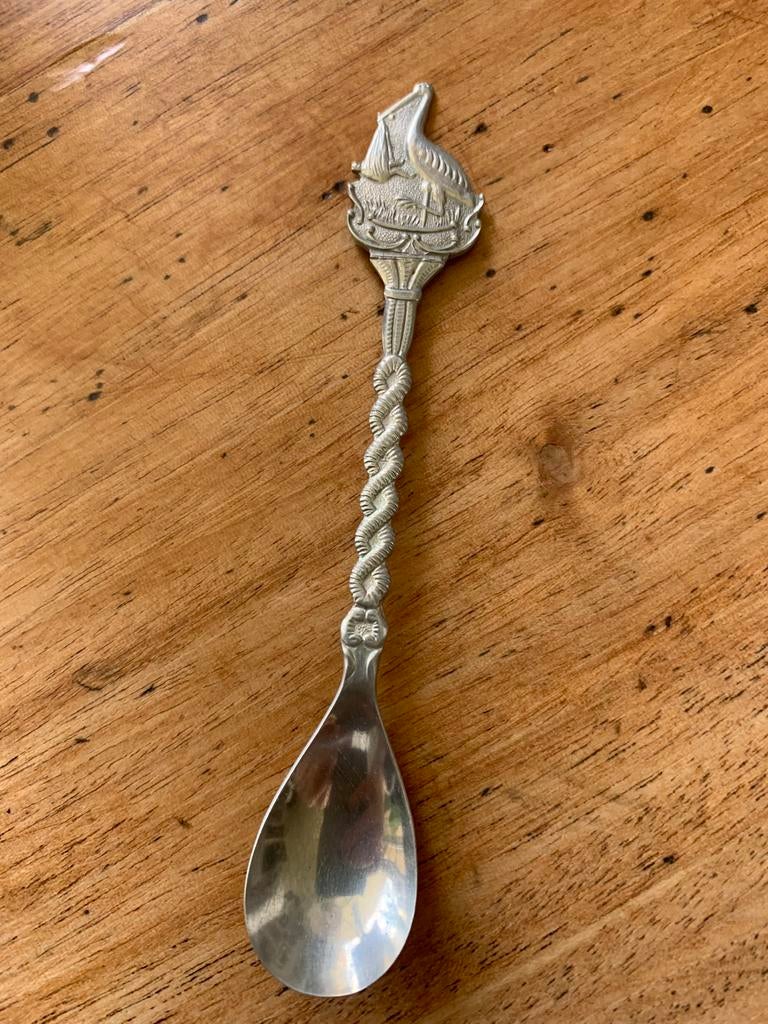 Oud lepeltje met ooievaar, Ophalen of Verzenden