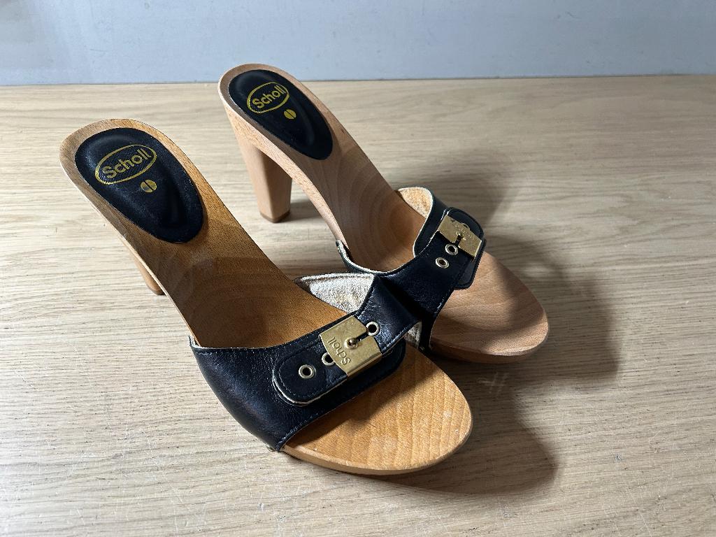 Scholl Houten Klompjes Zwart Maat 39, Scholl, Zwart, Zo goed als nieuw, Sandalen of Muiltjes