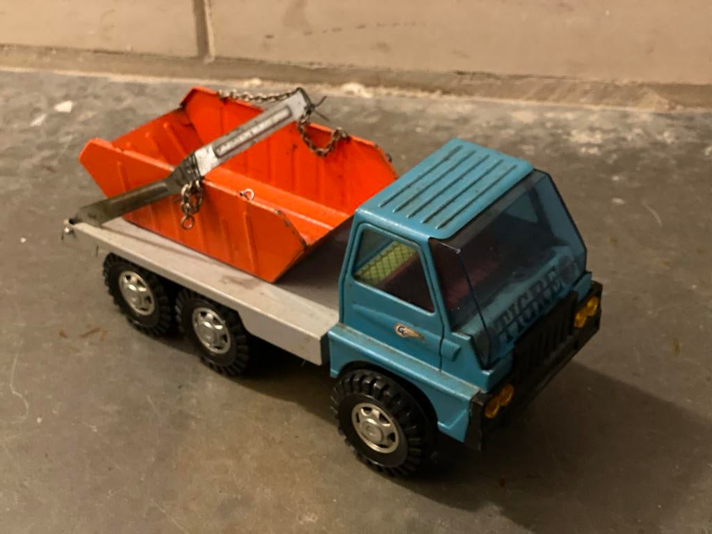 Vintage Tigre speelgoed vrachtwagen met container, Ophalen of Verzenden, Gebruikt