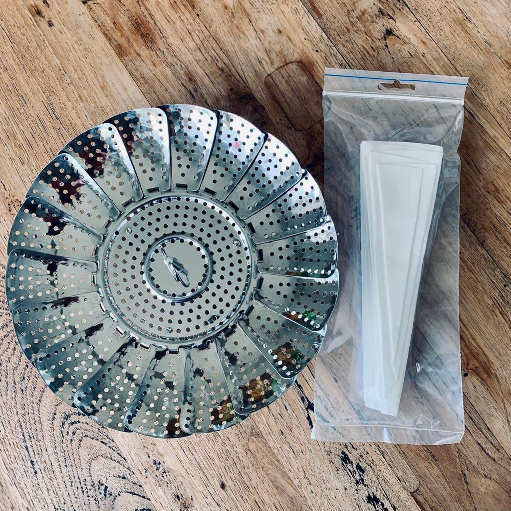 Verstelbare RVS stoom/filter mand met 5 plooifilters, Ophalen of Verzenden, Zo goed als nieuw