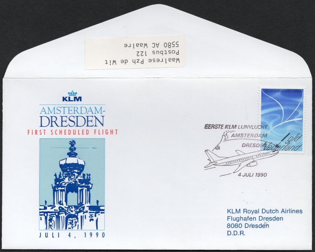 1e KLM vlucht Dresden DDR 1990, Postzegels en Munten, Brieven en Enveloppen | Nederland, Verzenden, Envelop