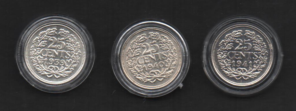 Zilveren Kwartjes 1939-1941 Koningin Wilhelmina (124), Setje, Zilver, 25 cent, Ophalen of Verzenden