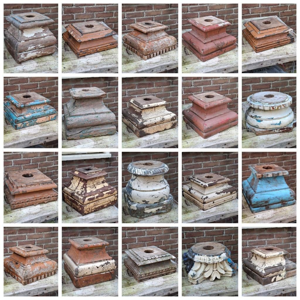 Oude antieke houten indiase poer india sokkel kandelaar, Ophalen of Verzenden, N, T, V