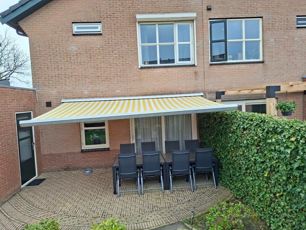 Elektrisch zonnescherm geel-wit gestreept, Ophalen, Gebruikt, 450 cm of meer, Elektrisch