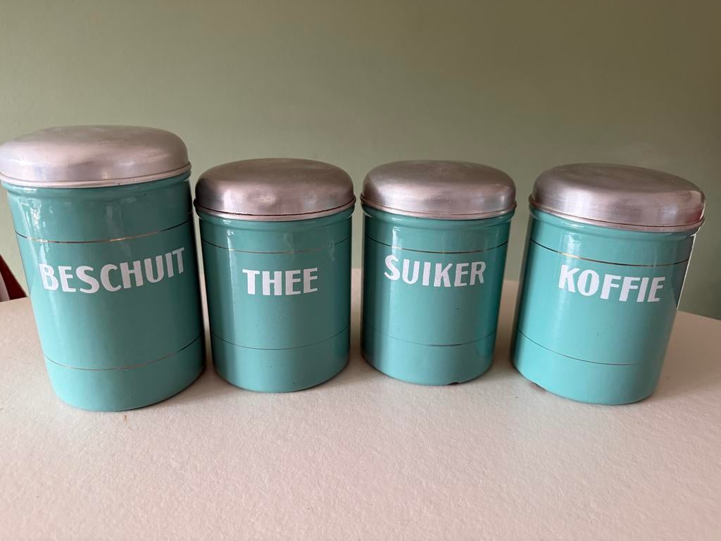 Vintage voorraadblikken: Beschuit, Thee, Suiker, Koffie, Ophalen of Verzenden