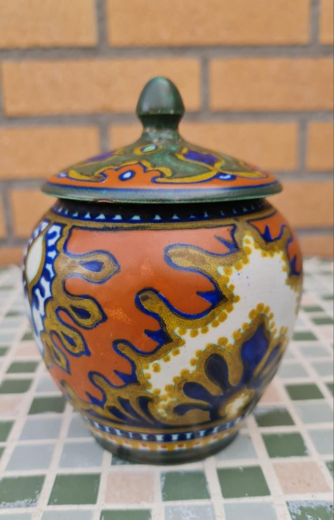 Plateel Rhodian tabakspot met deksel, Ophalen of Verzenden